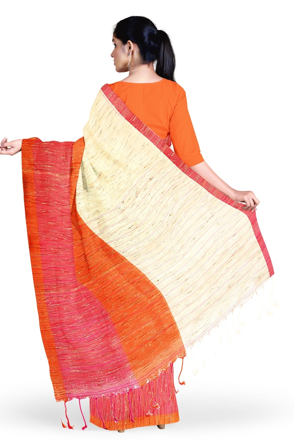 Orange White Pure Cotton Kusu Hand Loom Saree (1281)